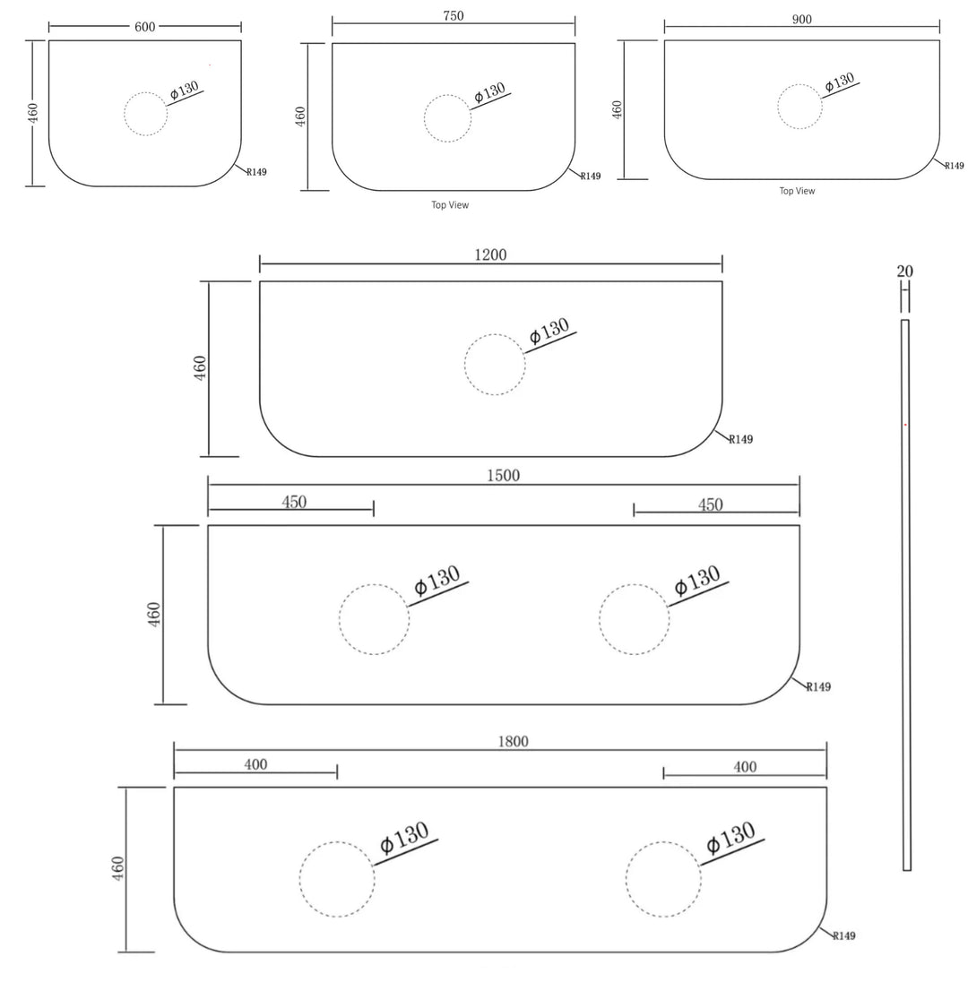COOGEE Wall Hung Curved Vanity Black Oak (All Sizes)