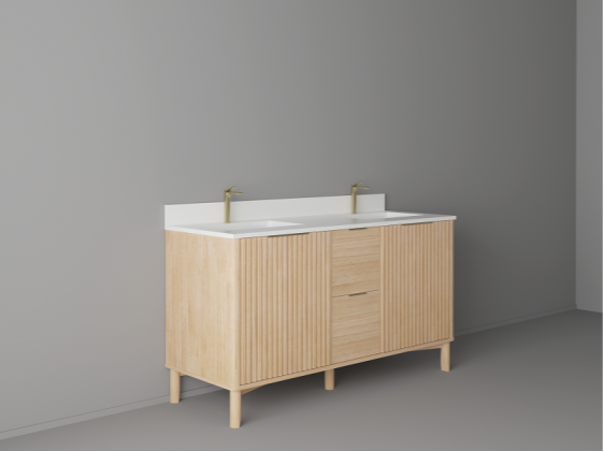 60" Solid Oak Wood Fluted Free Standing Bathroom Vanity