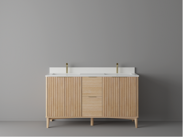 60" Solid Oak Wood Fluted Free Standing Bathroom Vanity